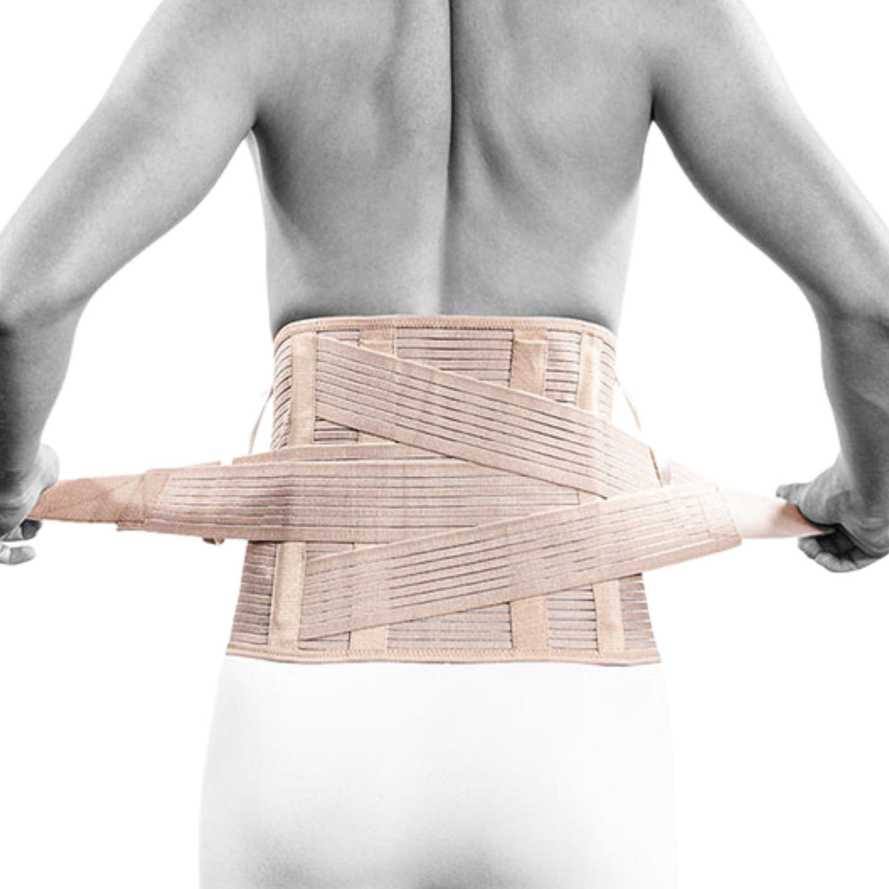 Rückenbandage mit zusätzlichem stabilisierenden Band, niedrige Ausführung, beige