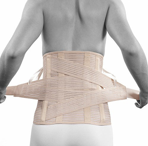 Rückenbandage mit zusätzlichem stabilisierenden Band, hohe Ausführung, beige