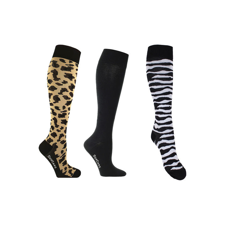 Kompressionsstrümpfe Leopard, Schwarz und Zebra für geschwollene und müde Beine 3er-Pack